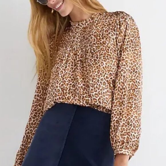 J. Crew Leopard Print Ruffle Neck Blouse Women’s Large Brown Long Sleeve - Picture 1 of 8